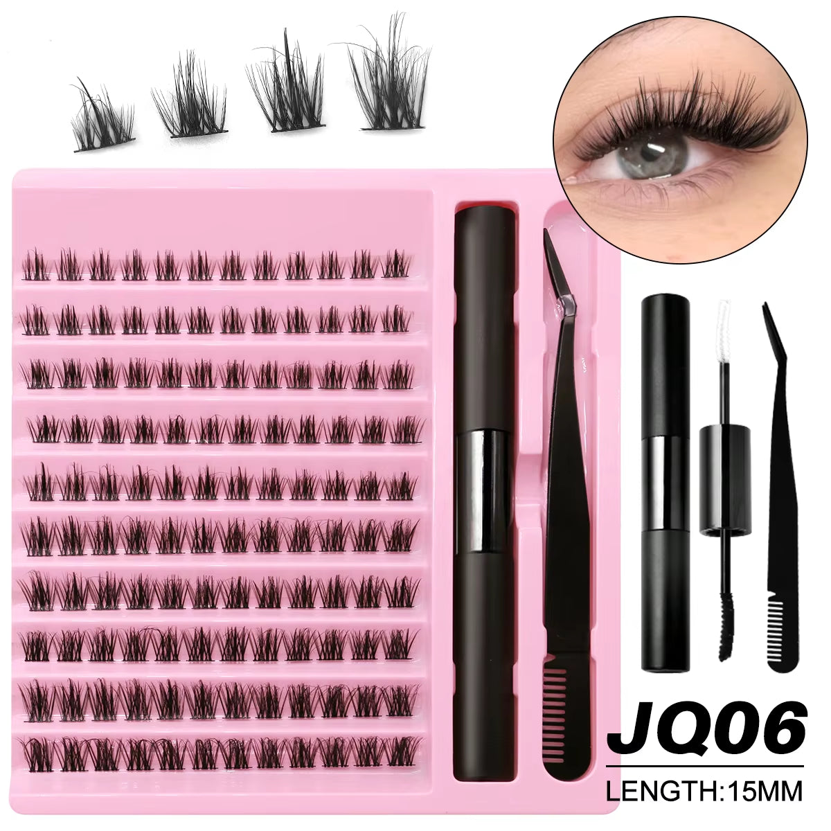 DIY Lash Extension Kit Lash Clusters with Waterproof Strong Hold Lash Bond and Seal and Eyelash Tweezers Lash Cluster