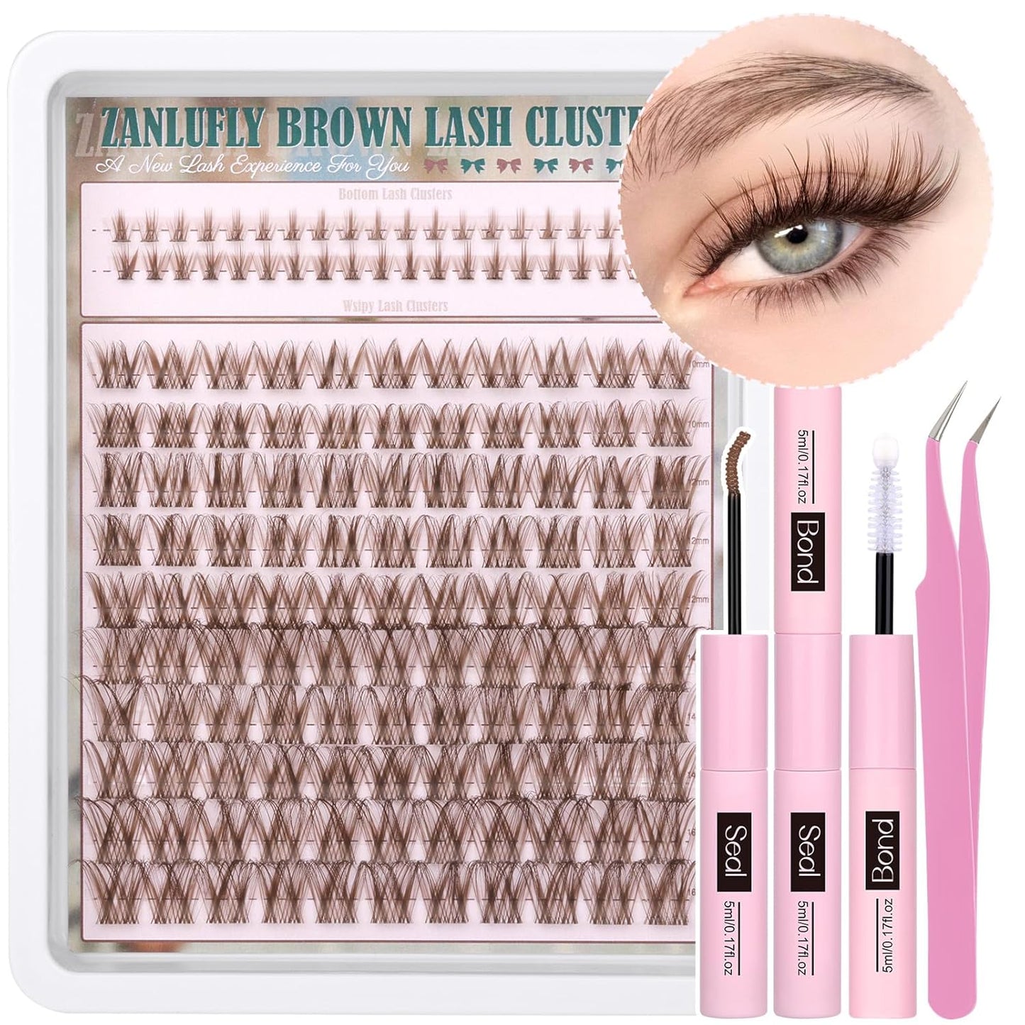 Brown Lash Clusters Kit with Bottom Lash Clusters Wispy Brown DIY Lash Extension Kit Natural C-Curly Eyelash Clusters Invisible Band Lash Clusters with Lash Bond and Seal Lash Applicator