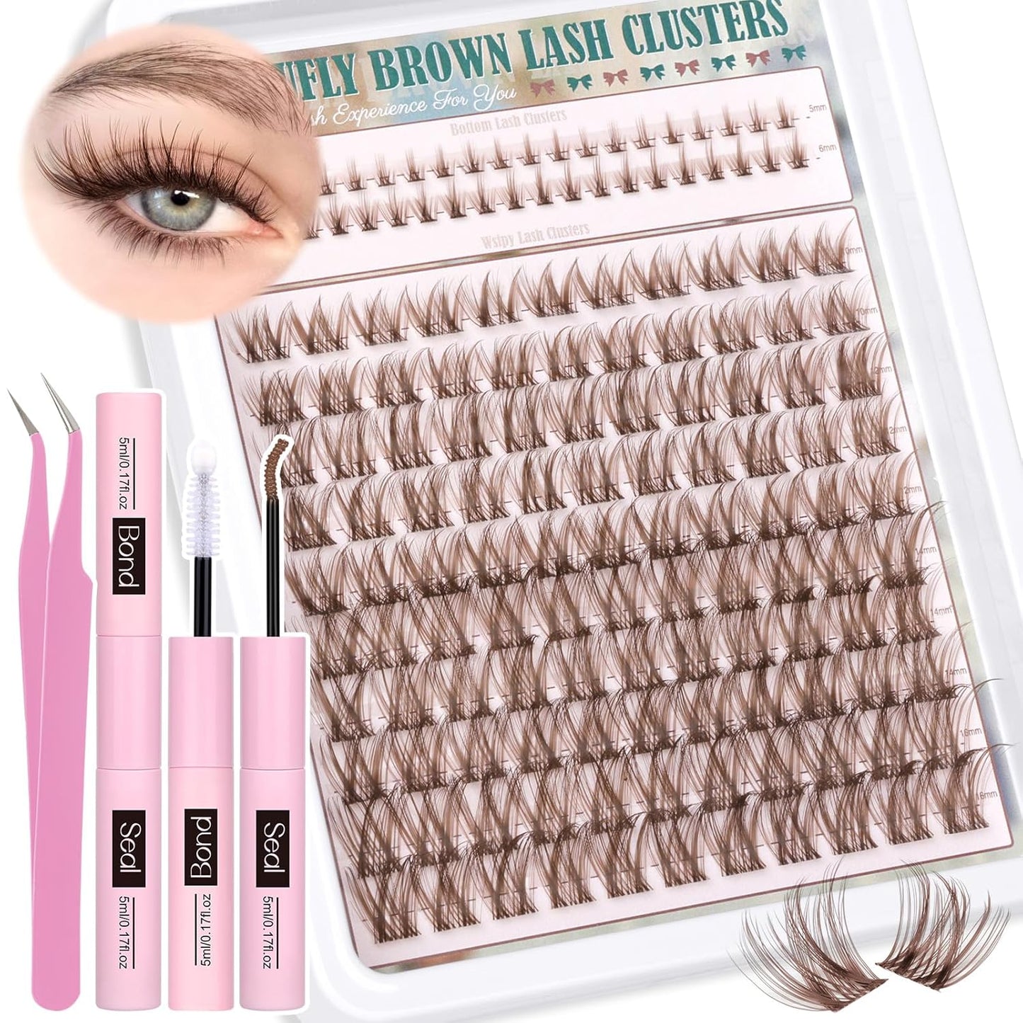 Brown Lash Clusters Kit with Bottom Lash Clusters Wispy Brown DIY Lash Extension Kit Natural C-Curly Eyelash Clusters Invisible Band Lash Clusters with Lash Bond and Seal Lash Applicator