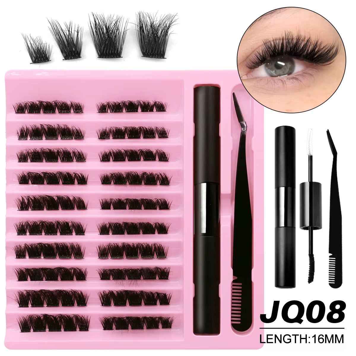 DIY Lash Extension Kit Lash Clusters with Waterproof Strong Hold Lash Bond and Seal and Eyelash Tweezers Lash Cluster