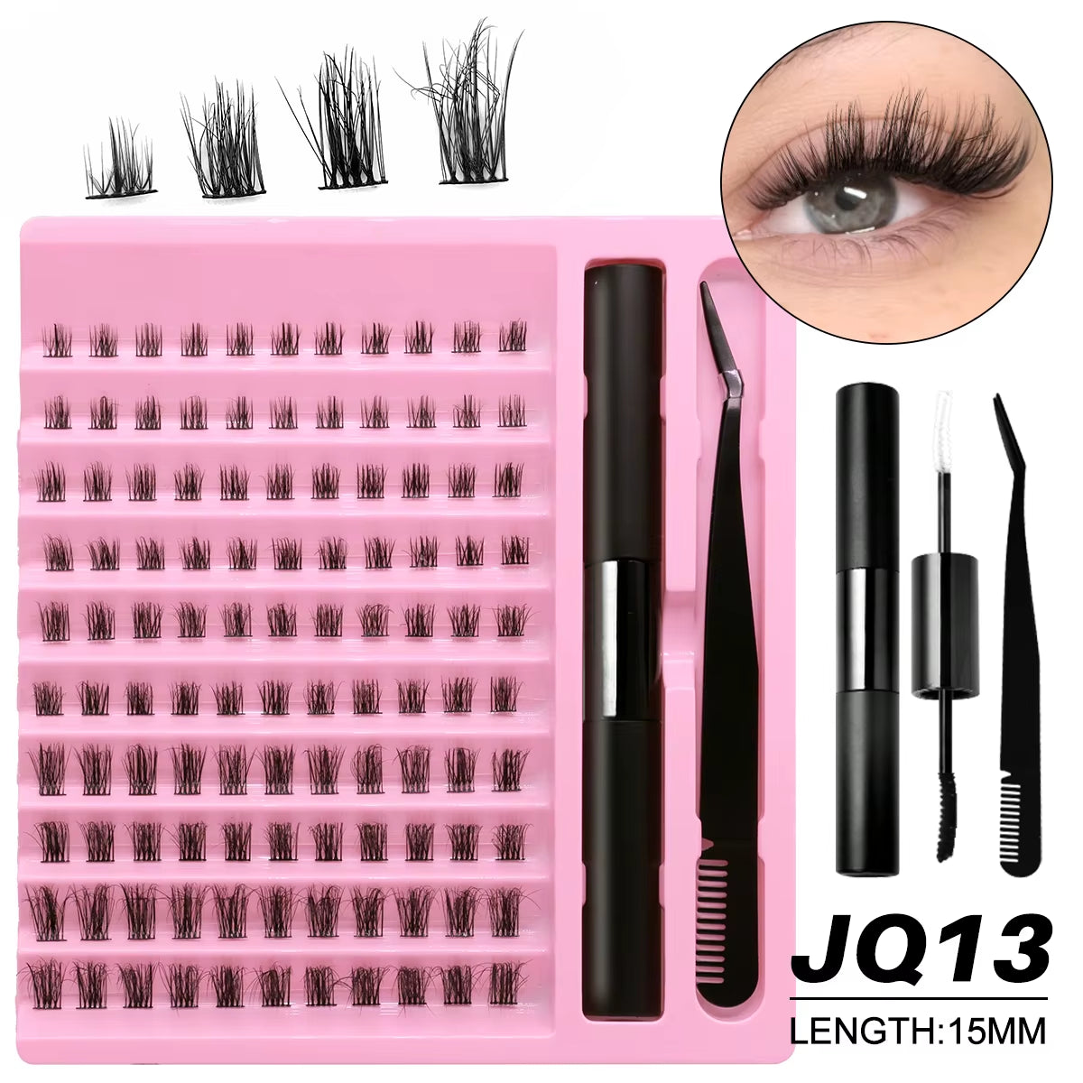 DIY Lash Extension Kit Lash Clusters with Waterproof Strong Hold Lash Bond and Seal and Eyelash Tweezers Lash Cluster