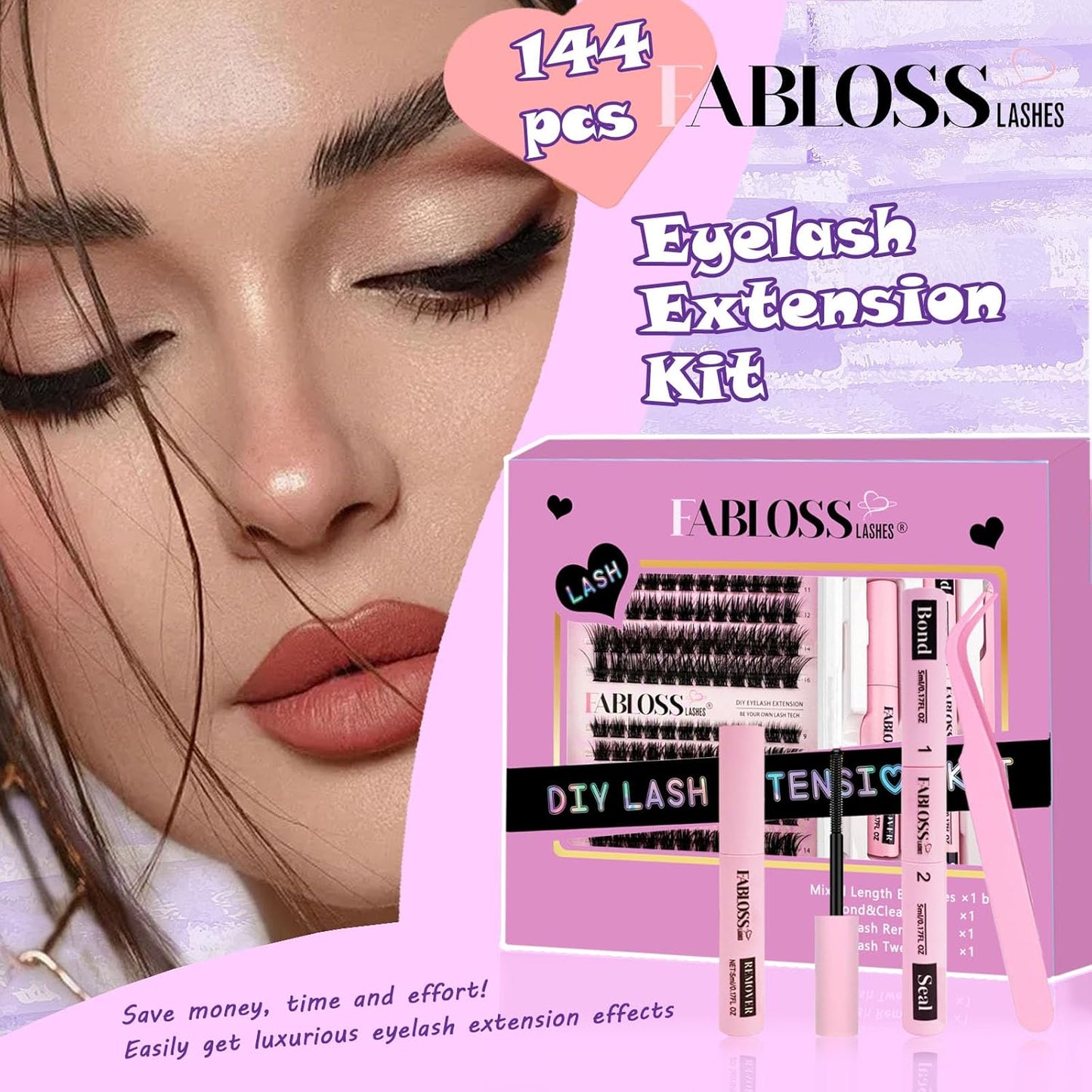 Lash Clusters Kit Fluffy 144Pcs Lash Clusters DIY Eyelash Extension Kit 80D Individual Lashes Clusters Kit with Lash Bond and Seal, Lash Remover, Lash Tweezers(80D, 9-16Mm, Kit)