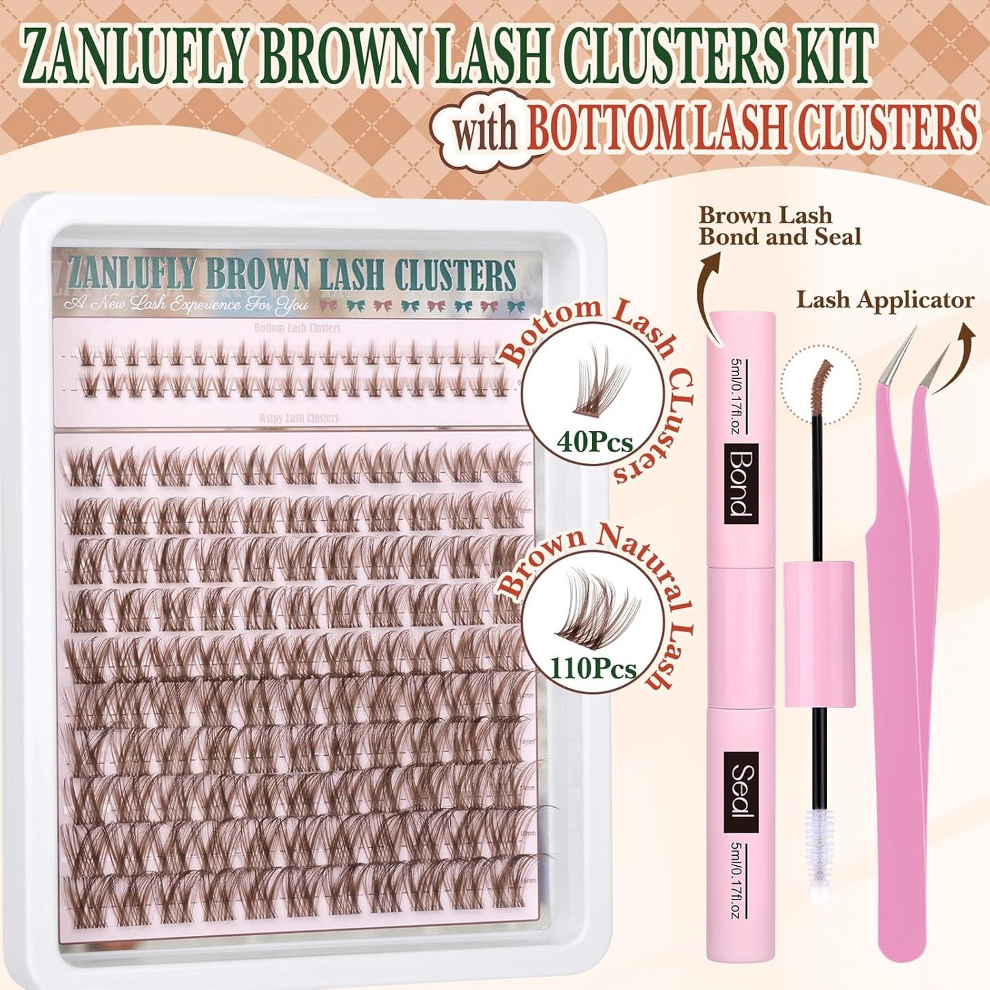 Brown Lash Clusters Kit with Bottom Lash Clusters Wispy Brown DIY Lash Extension Kit Natural C-Curly Eyelash Clusters Invisible Band Lash Clusters with Lash Bond and Seal Lash Applicator