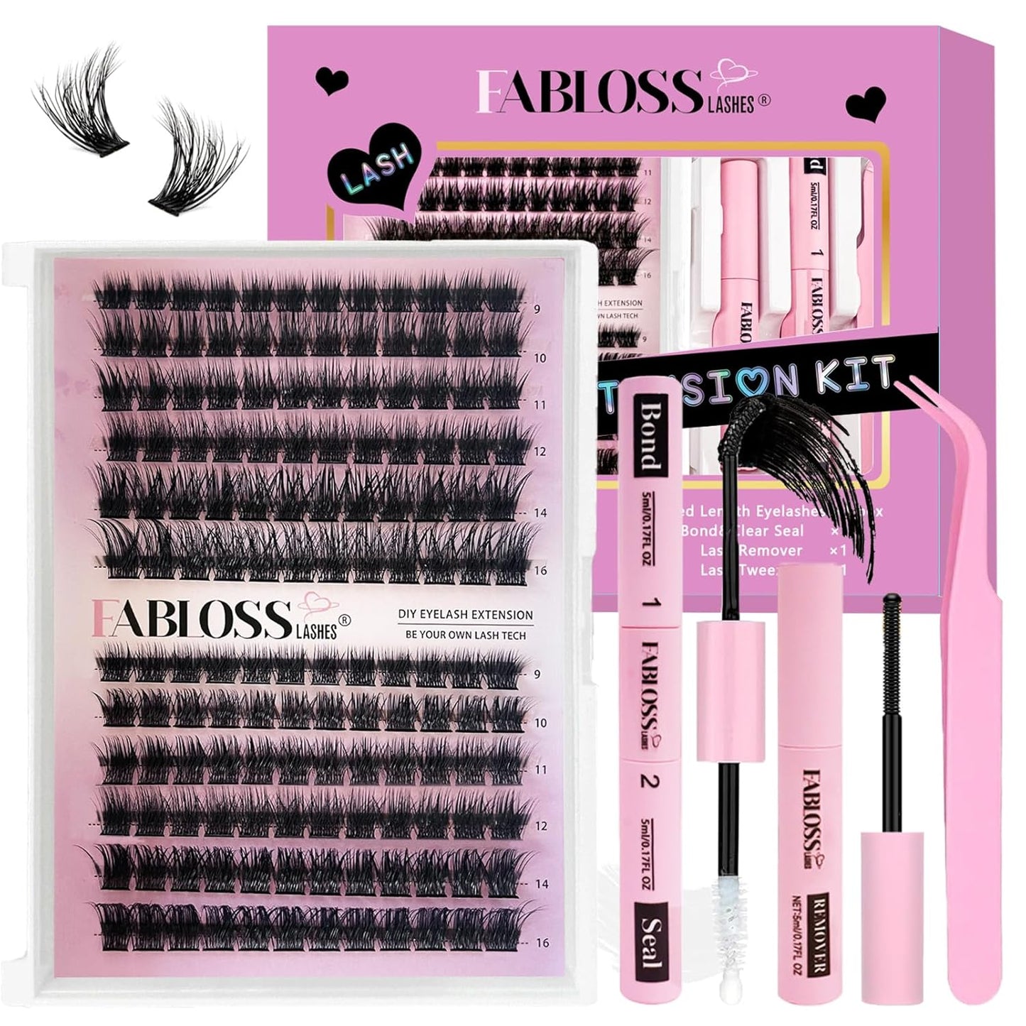 Lash Clusters Kit Fluffy 144Pcs Lash Clusters DIY Eyelash Extension Kit 80D Individual Lashes Clusters Kit with Lash Bond and Seal, Lash Remover, Lash Tweezers(80D, 9-16Mm, Kit)