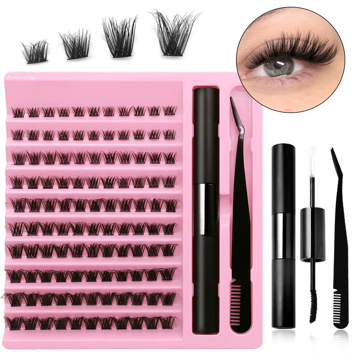 DIY Lash Extension Kit Lash Clusters with Waterproof Strong Hold Lash Bond and Seal and Eyelash Tweezers Lash Cluster