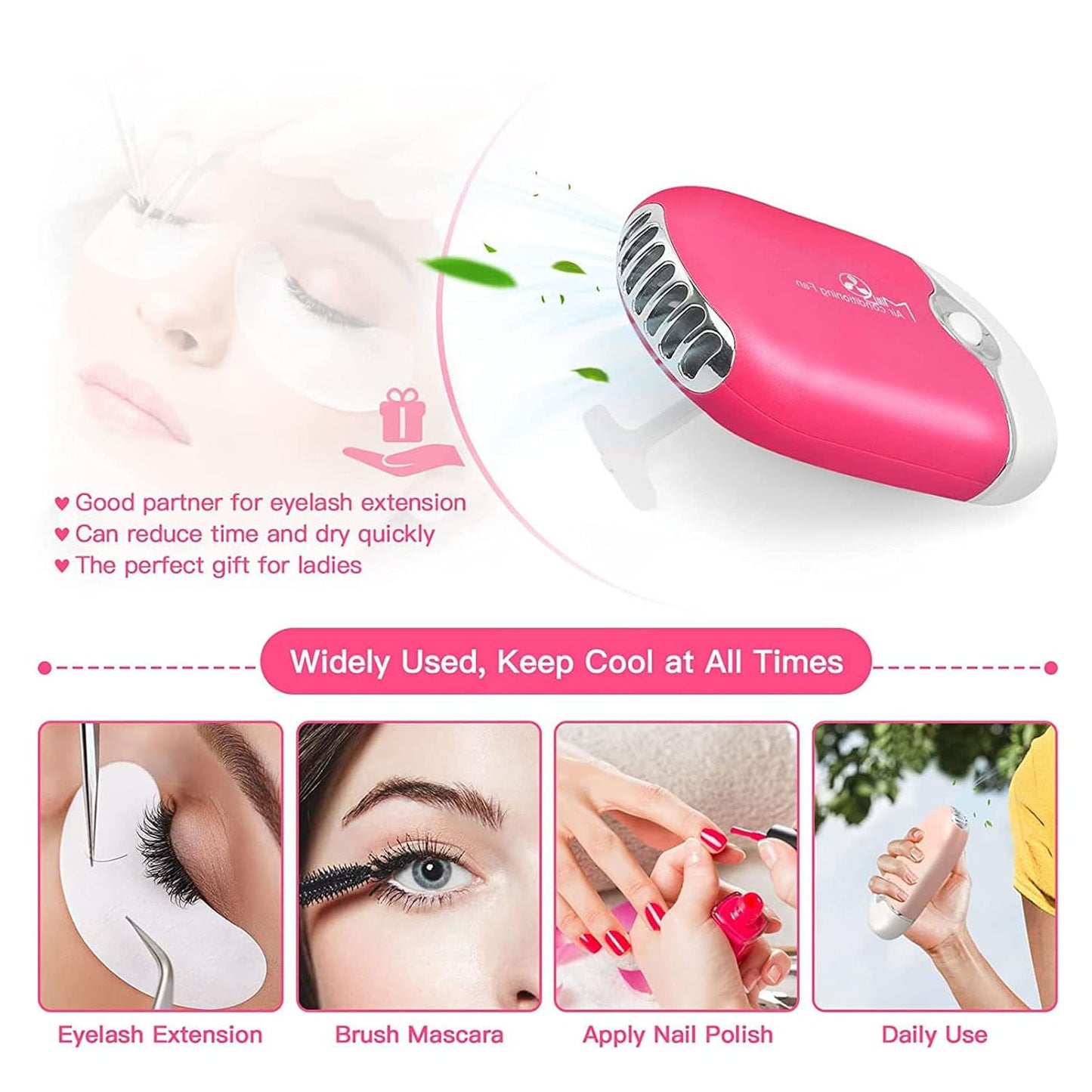 Eyelash Cleaning Kit, USB Mini Portable Lash Fan with 50 Lash Shampoo Brush 3 Nose Blackhead Facial Cleaning Brush 1 Plastic Wash Bottle for Eyelash Extension Supplies, Rose