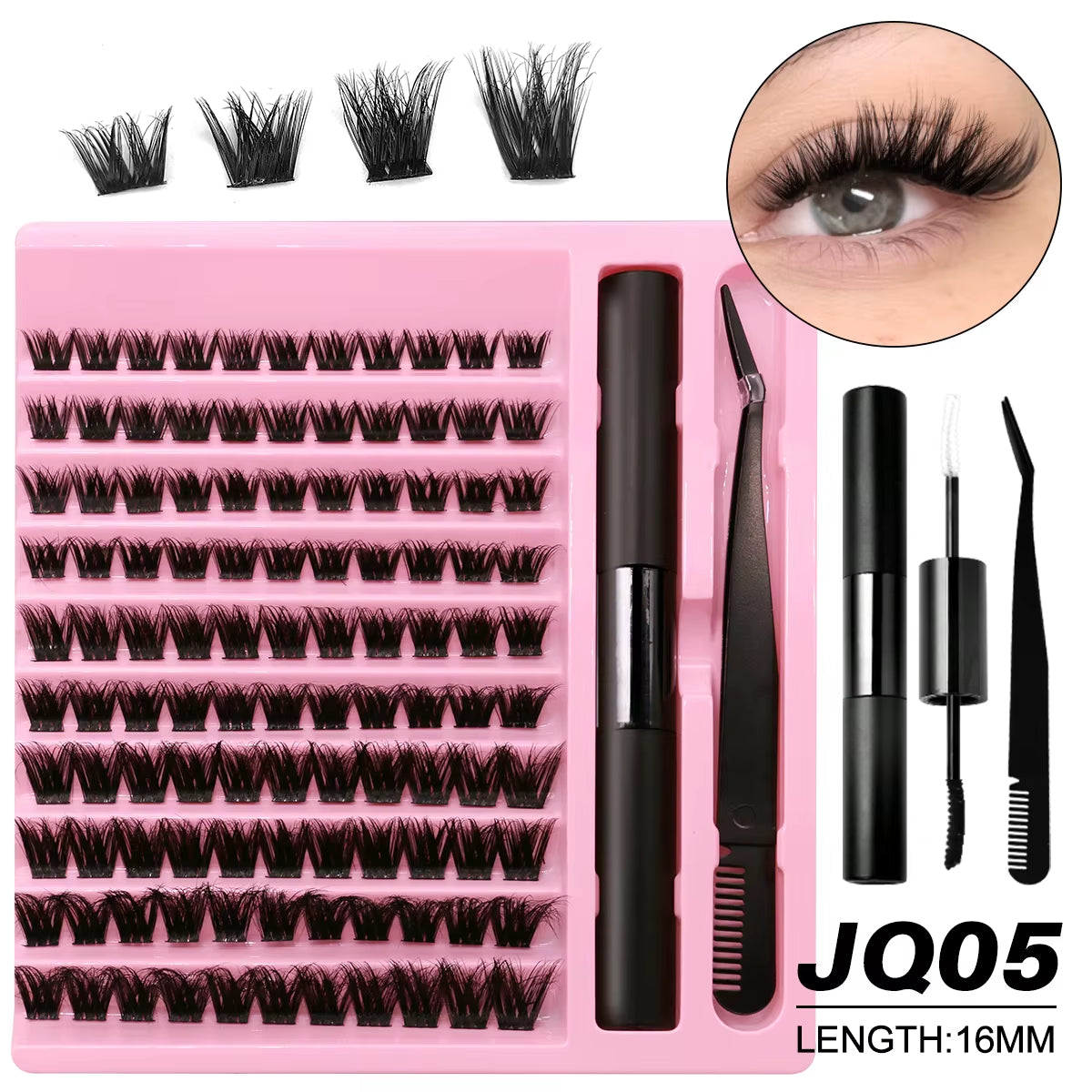 DIY Lash Extension Kit Lash Clusters with Waterproof Strong Hold Lash Bond and Seal and Eyelash Tweezers Lash Cluster