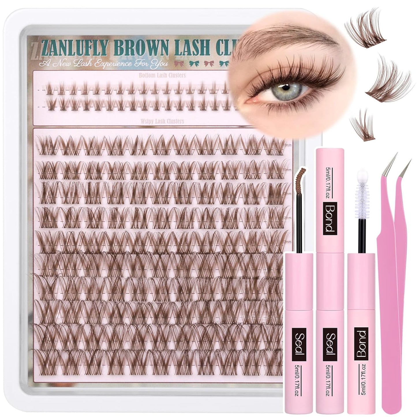 Brown Lash Clusters Kit with Bottom Lash Clusters Wispy Brown DIY Lash Extension Kit Natural C-Curly Eyelash Clusters Invisible Band Lash Clusters with Lash Bond and Seal Lash Applicator