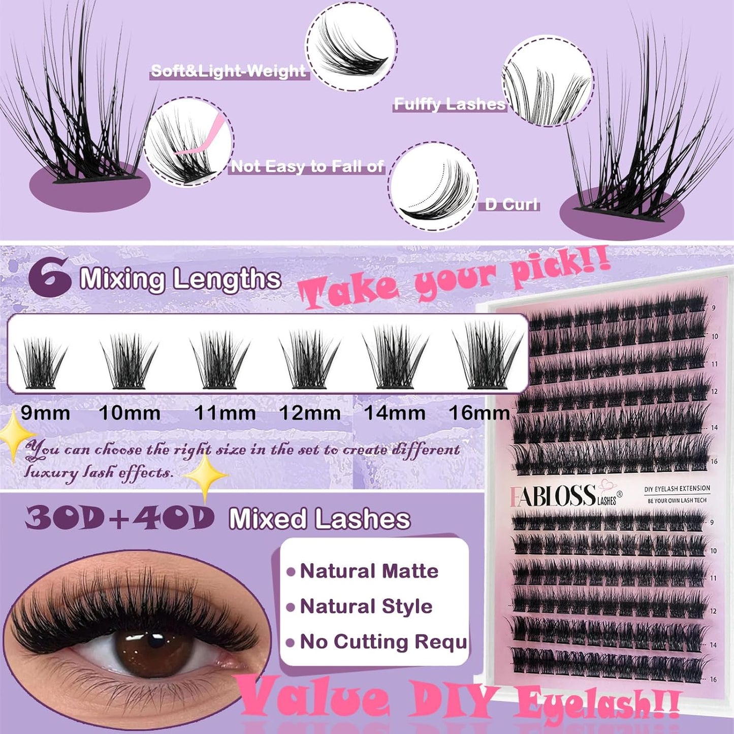 Lash Clusters Kit Fluffy 144Pcs Lash Clusters DIY Eyelash Extension Kit 80D Individual Lashes Clusters Kit with Lash Bond and Seal, Lash Remover, Lash Tweezers(80D, 9-16Mm, Kit)