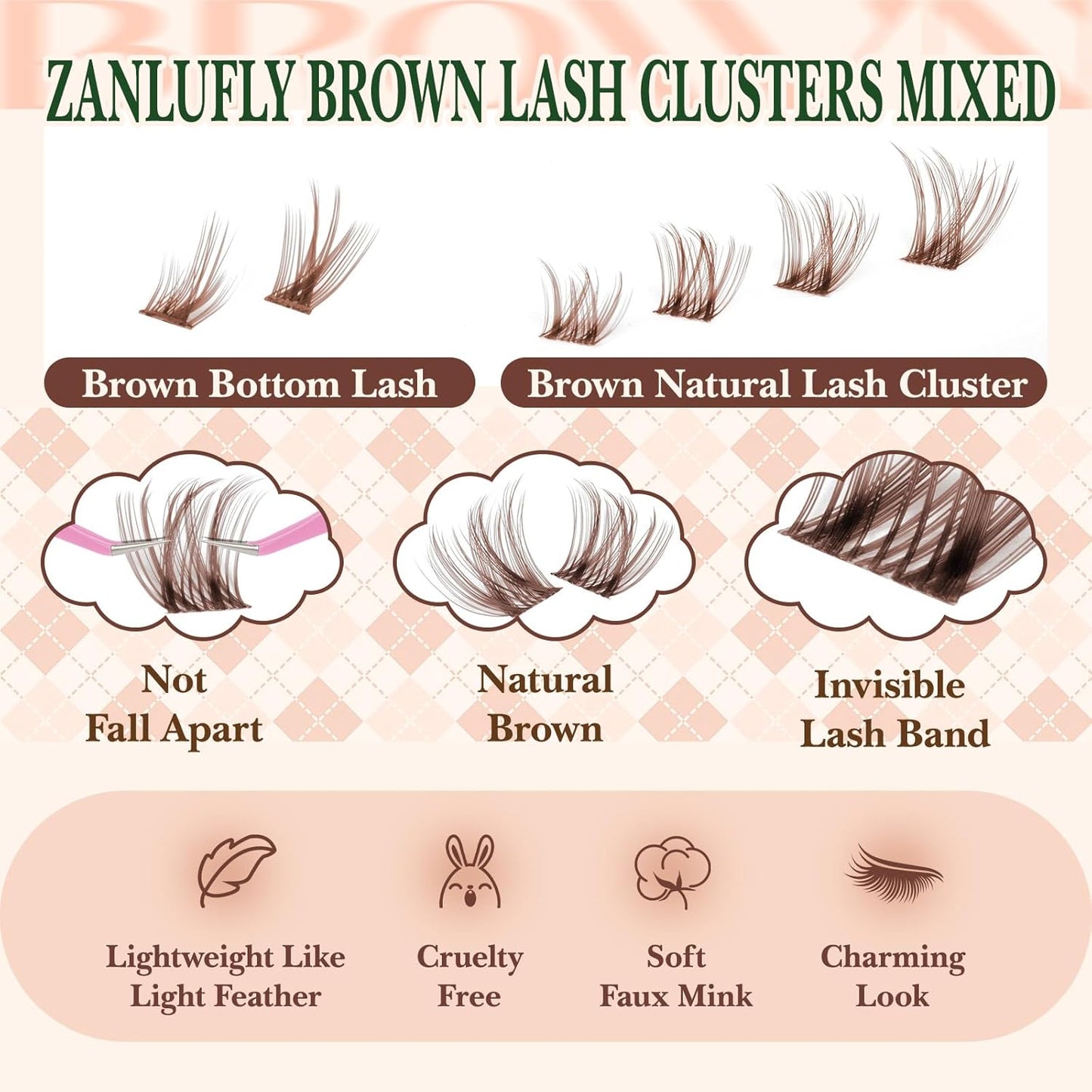 Brown Lash Clusters Kit with Bottom Lash Clusters Wispy Brown DIY Lash Extension Kit Natural C-Curly Eyelash Clusters Invisible Band Lash Clusters with Lash Bond and Seal Lash Applicator