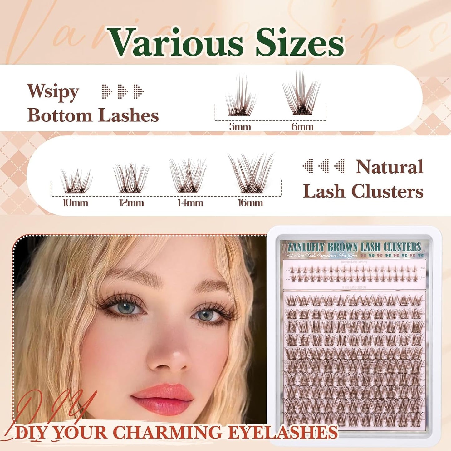 Brown Lash Clusters Kit with Bottom Lash Clusters Wispy Brown DIY Lash Extension Kit Natural C-Curly Eyelash Clusters Invisible Band Lash Clusters with Lash Bond and Seal Lash Applicator