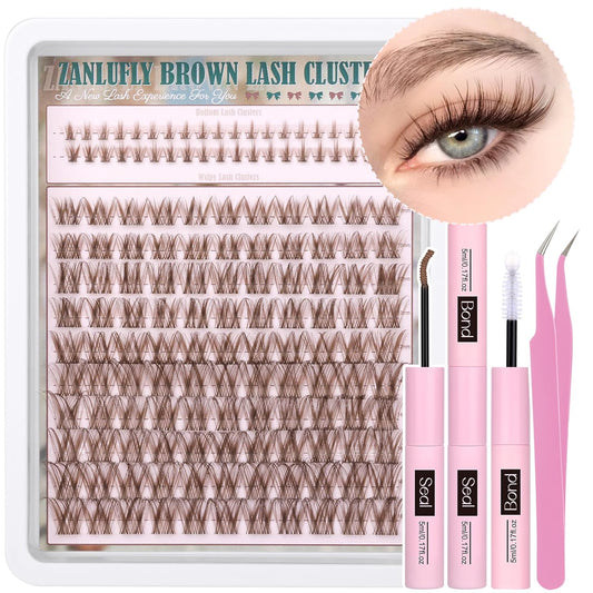 Brown Lash Clusters Kit with Bottom Lash Clusters Wispy Brown DIY Lash Extension Kit Natural C-Curly Eyelash Clusters Invisible Band Lash Clusters with Lash Bond and Seal Lash Applicator