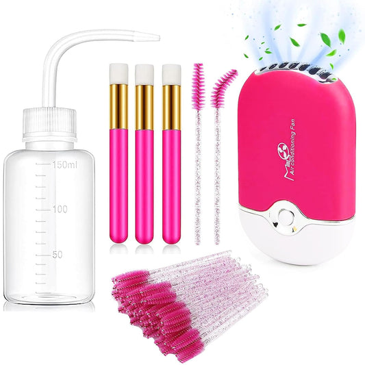 Eyelash Cleaning Kit,  USB Mini Portable Lash Fan with 50 Lash Shampoo Brush 3 Nose Blackhead Facial Cleaning Brush 1 Plastic Wash Bottle for Eyelash Extension Supplies, Rose