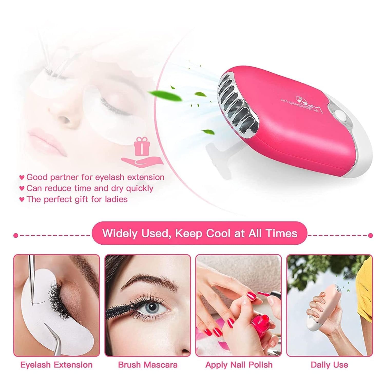 Eyelash Cleaning Kit,  USB Mini Portable Lash Fan with 50 Lash Shampoo Brush 3 Nose Blackhead Facial Cleaning Brush 1 Plastic Wash Bottle for Eyelash Extension Supplies, Rose