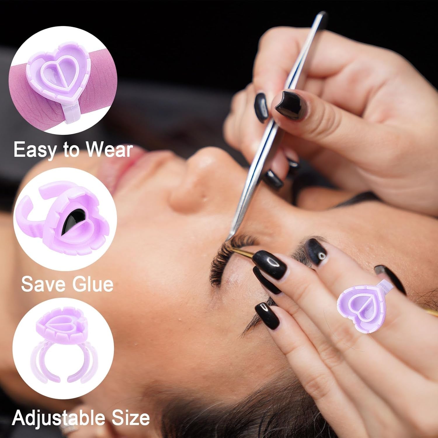 300 PCS Smart Glue Cups for Lash Extension Supplies, Heart & Blossom Glue Rings, Purple