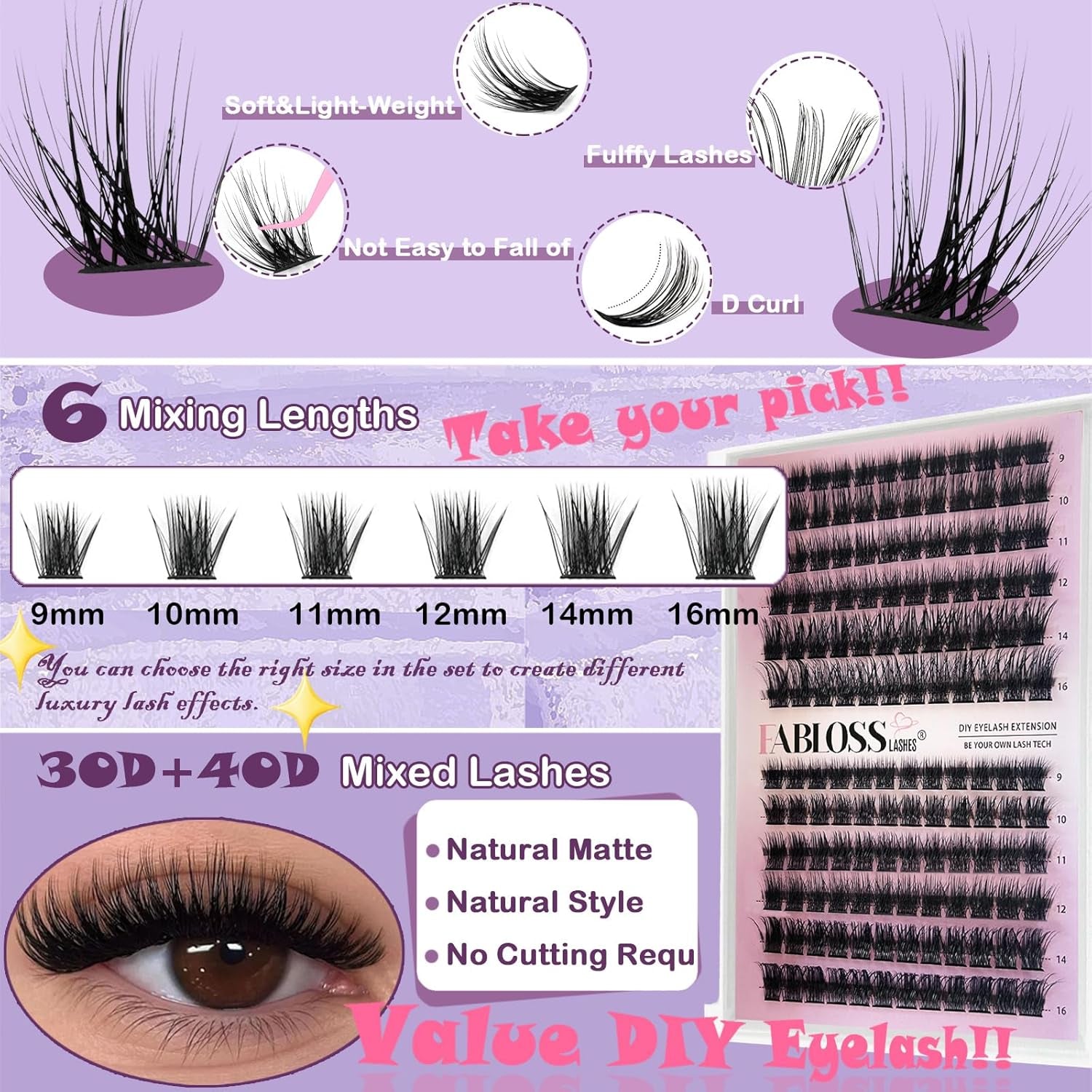 Lash Clusters Kit Fluffy 144Pcs Lash Clusters DIY Eyelash Extension Kit 80D Individual Lashes Clusters Kit with Lash Bond and Seal, Lash Remover, Lash Tweezers(80D, 9-16Mm, Kit)