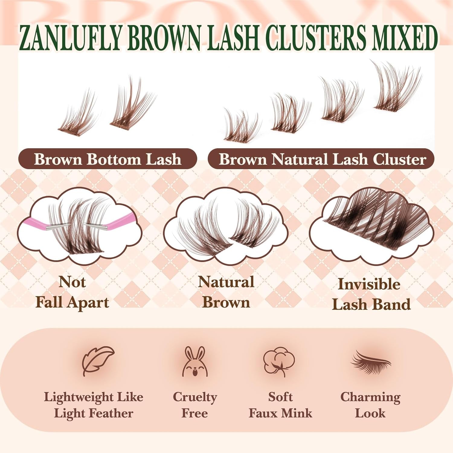 Brown Lash Clusters Kit with Bottom Lash Clusters Wispy Brown DIY Lash Extension Kit Natural C-Curly Eyelash Clusters Invisible Band Lash Clusters with Lash Bond and Seal Lash Applicator