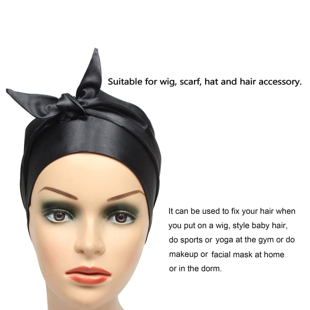 2 Pcs Satin Head Wrap Wig Grip Band Fashion Headbands for Laying Lace Frontal Wigs Satin Scarf for Yoga, Makeup, Facial, Sport (1 Pc Pink, 1 Pc Black)